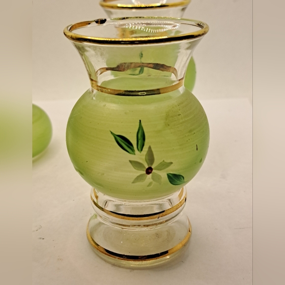 4 Small Vintage Bartlett Collins Green Frosted Glass, Hand Painted Vases - Picture 7 of 8